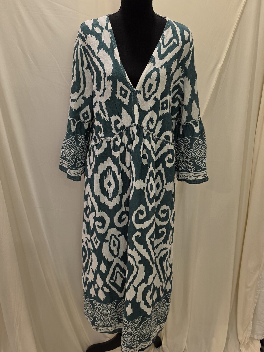 Valentina Naldi Italy Green Ikat Linen Blend Midi Dress V-Neck XL Resort